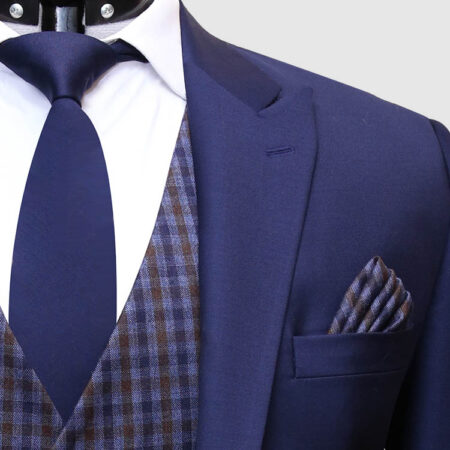 Men Navy Blue Suit With Check Waistcoat Lapel