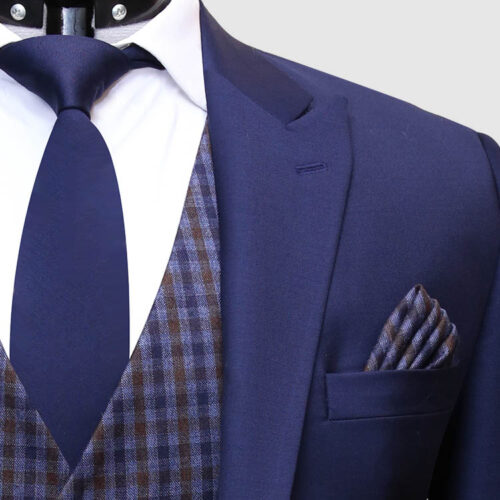 Men Navy Blue Suit With Check Waistcoat Lapel