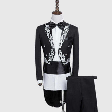 Black British Morning Tuxedo Suit With Silver Pattern