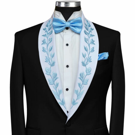 Black Tuxedo With White Shawl Lapel Blue Embroidery